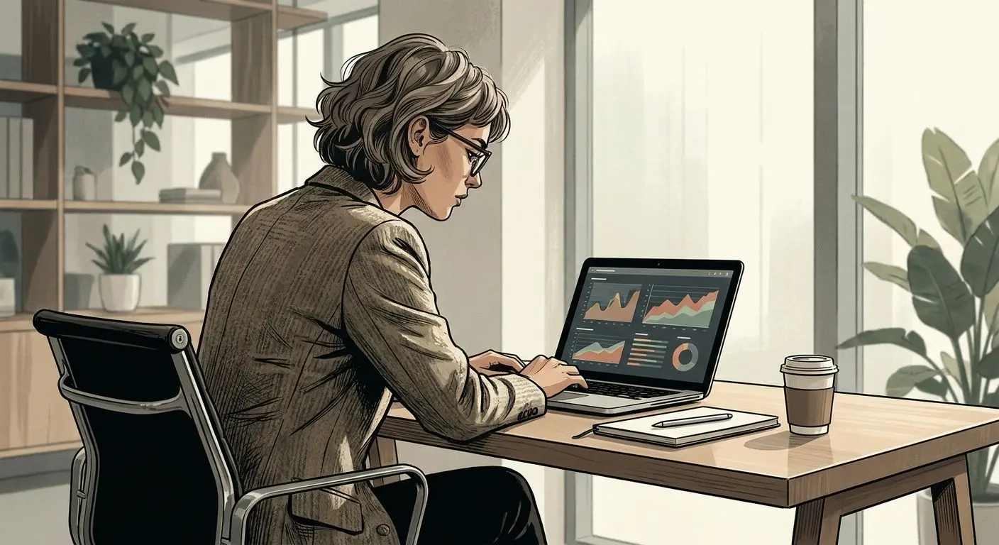 Illustrated analyst reviewing online gaming brand information at a desk