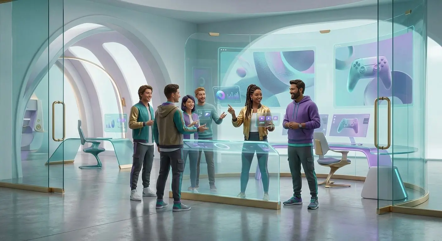 Friendly tech-driven brand world with team and transparent entertainment platform feel