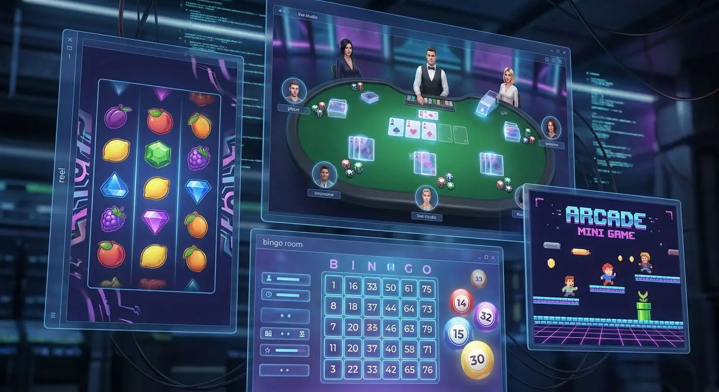 Collage of slots, table games, live games and bingo-style entertainment screens