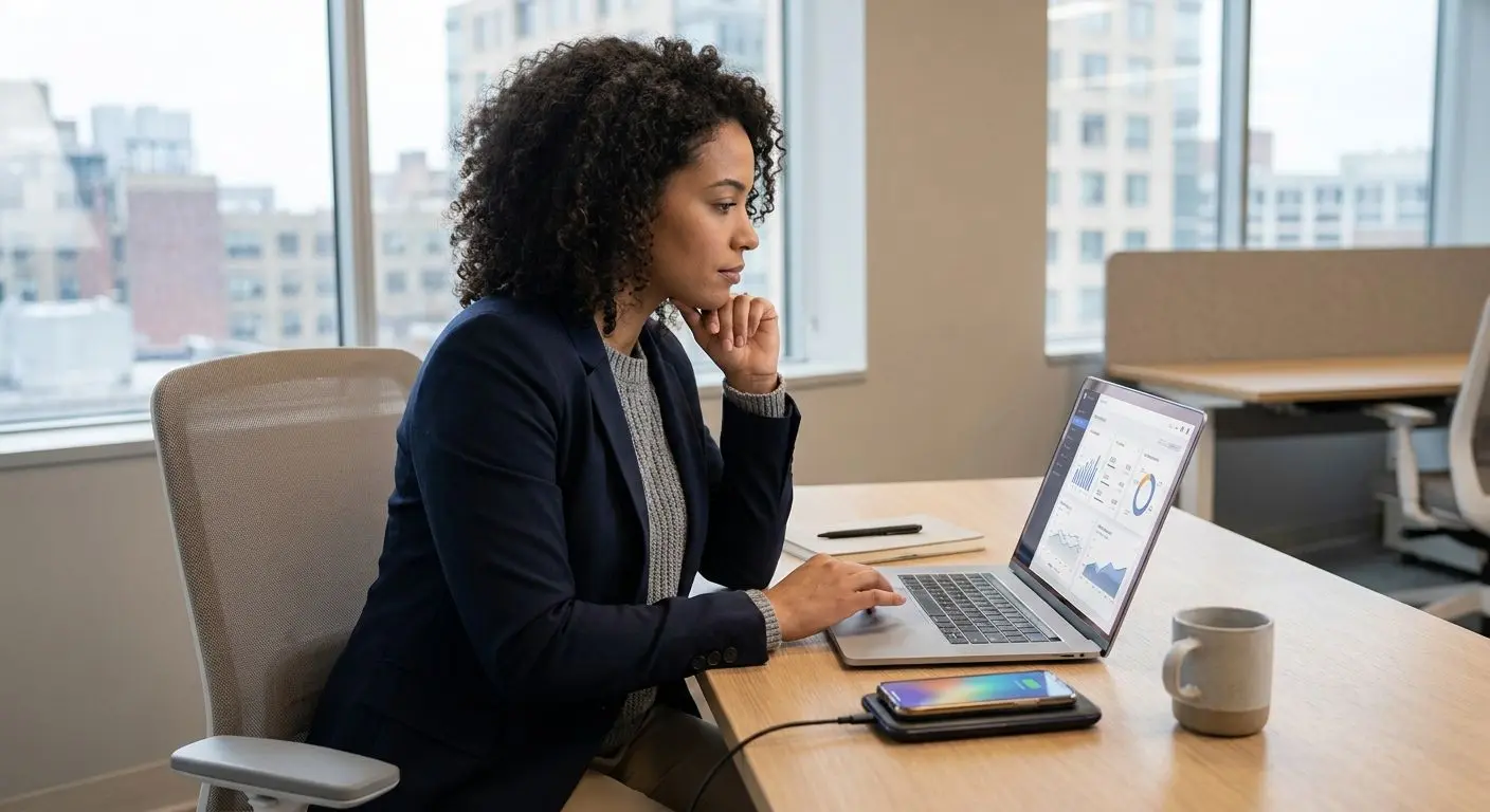 Illustration of an expert reviewing mobile app content at a desk