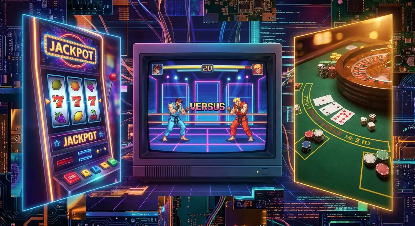 Comparison collage showing retro fighting, slot-style and table game formats