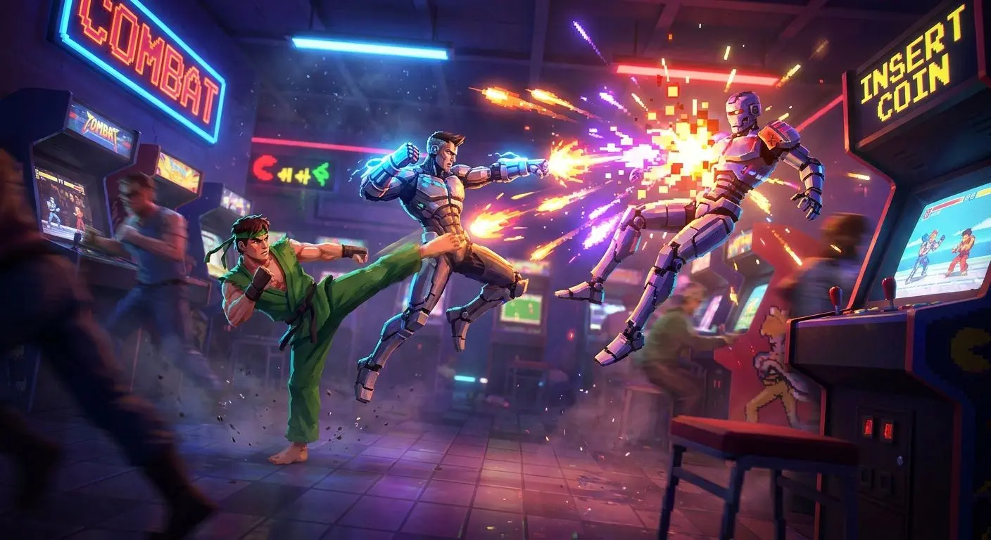 Retro fighting game combo attack with bright special move effects