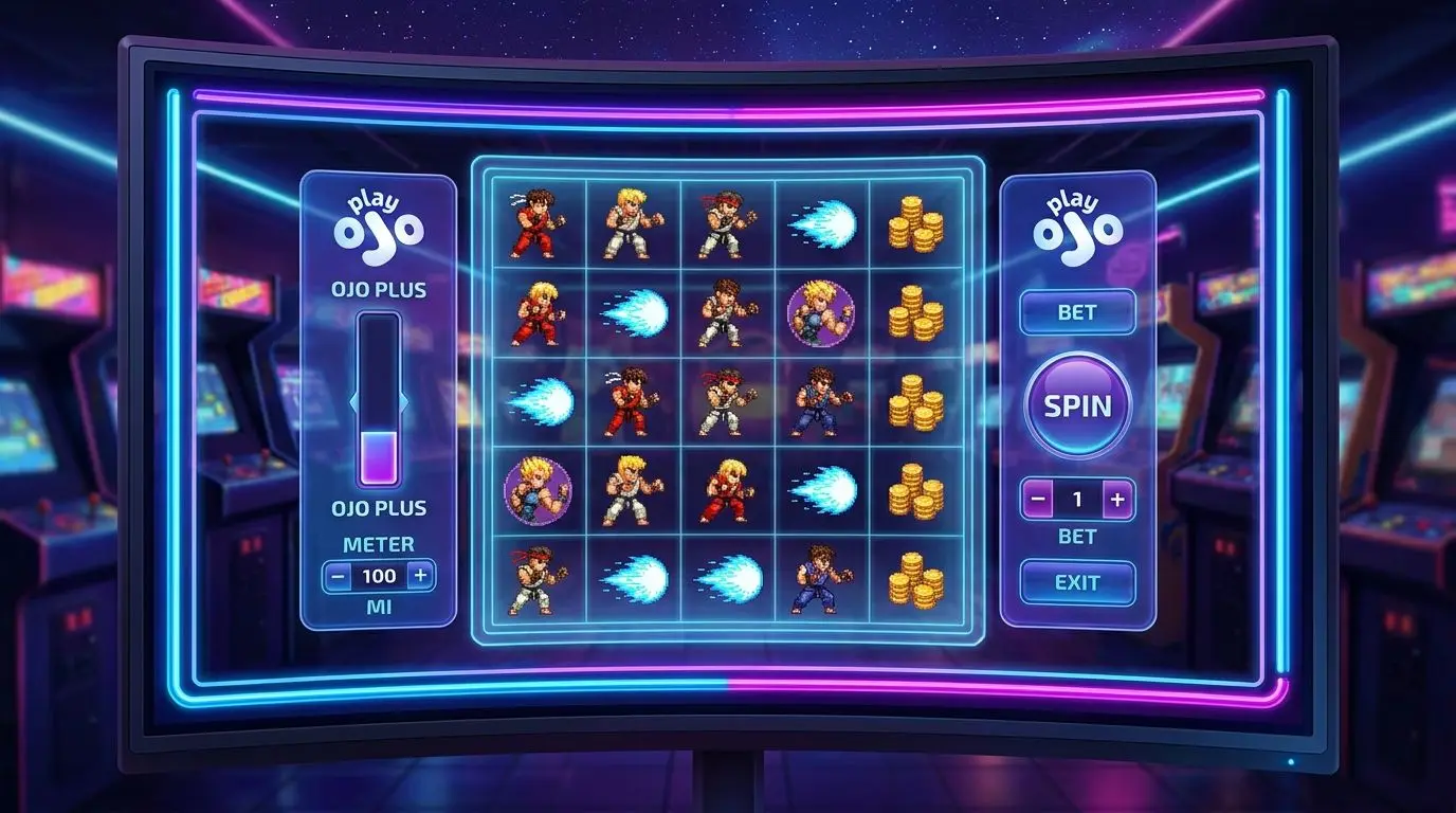 Street Fighter themed 5x5 slot screen within PlayOJO interface