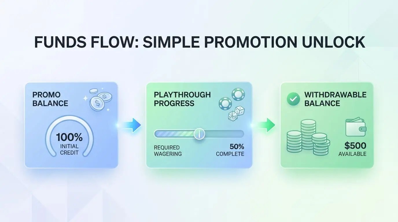 Infographic showing bonus funds, playthrough and withdrawable balance flow