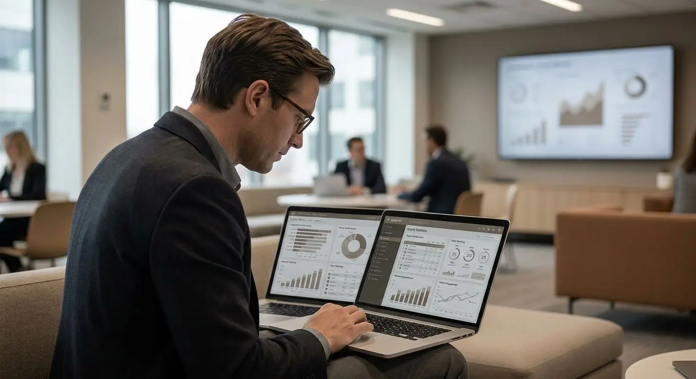 Fictional analyst reviewing sports platform data on a laptop