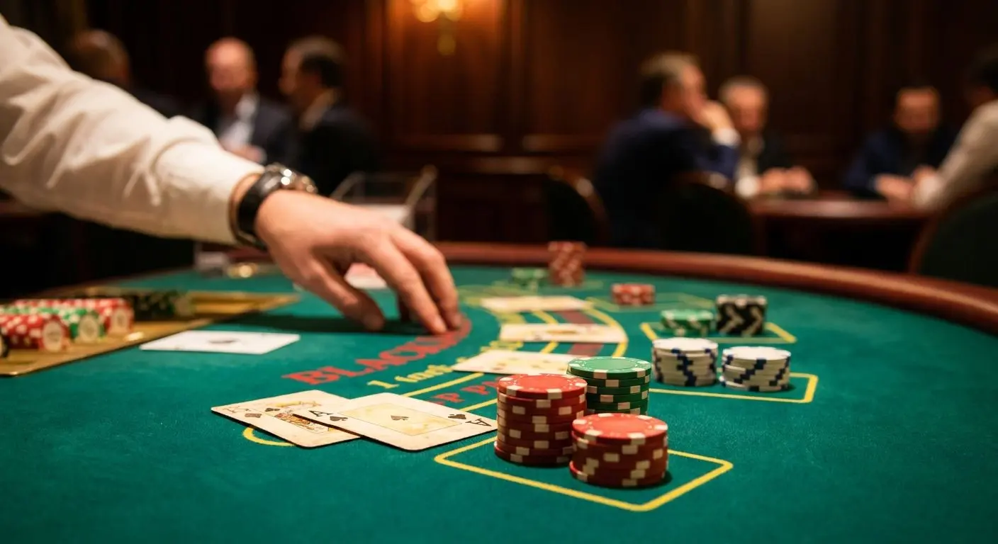 Blackjack chips of different values on a green table