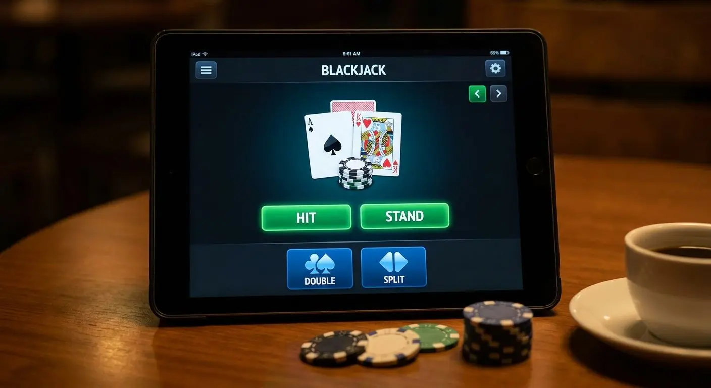 Close view of blackjack table with hit stand double split controls
