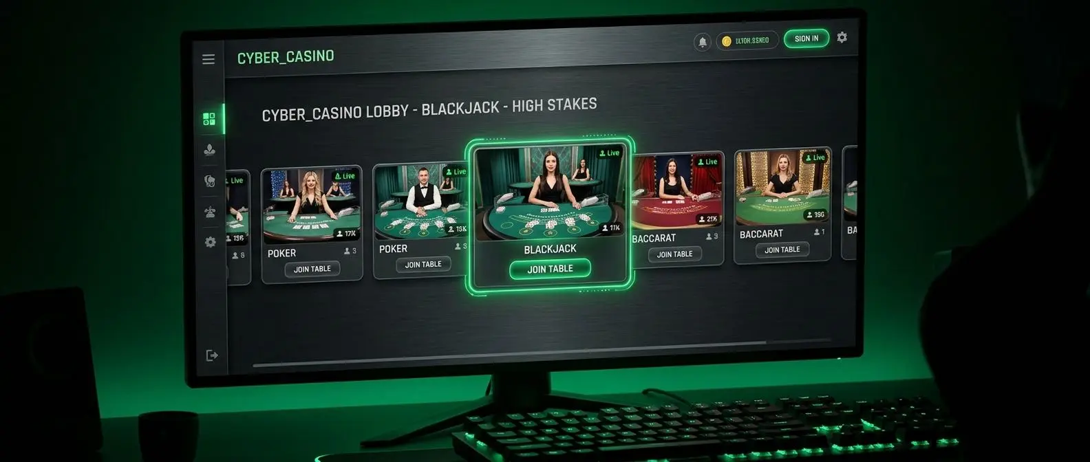 Online card lobby with blackjack table highlighted