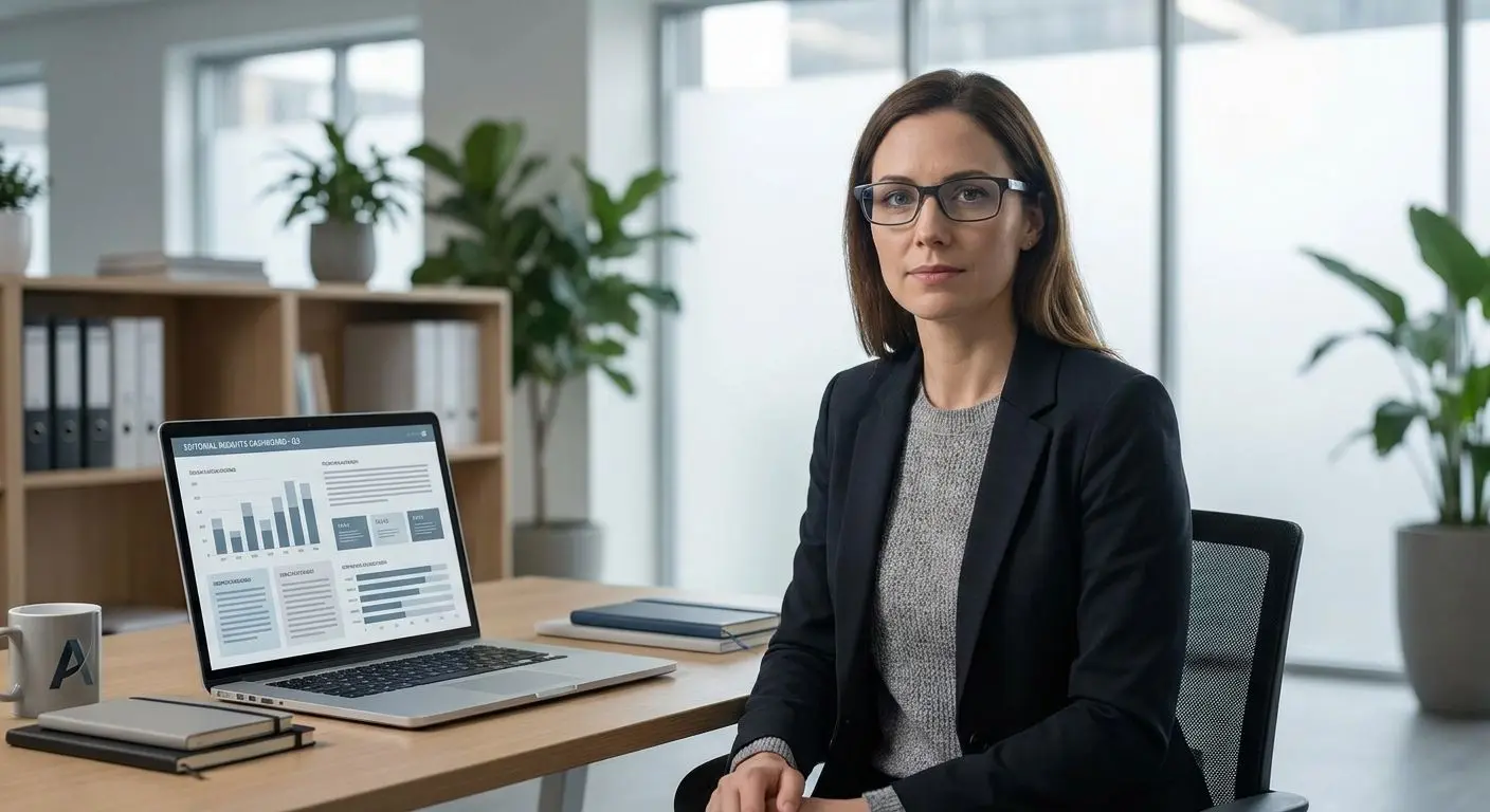 Fictional author avatar in a modern workspace