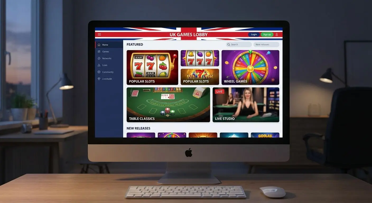 Games lobby interface showing multiple categories in a grid layout