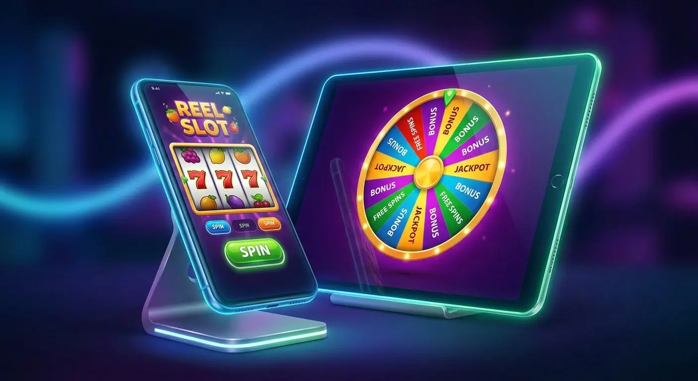 Mobile devices showing game interfaces for slots and roulette