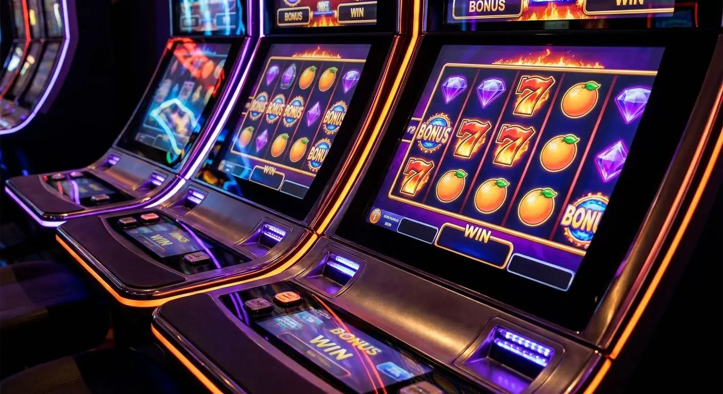 Colourful slot reels and game screens showing different slot styles