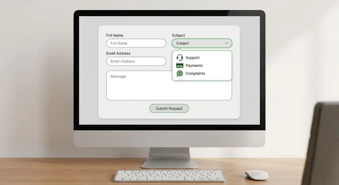 Interface mockup of a contact form with support, payments and complaints icons