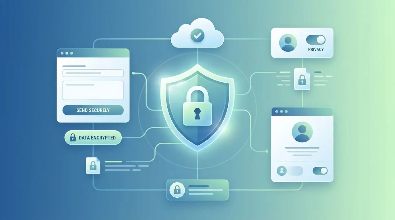 Privacy and security infographic with shield, lock and secure contact form