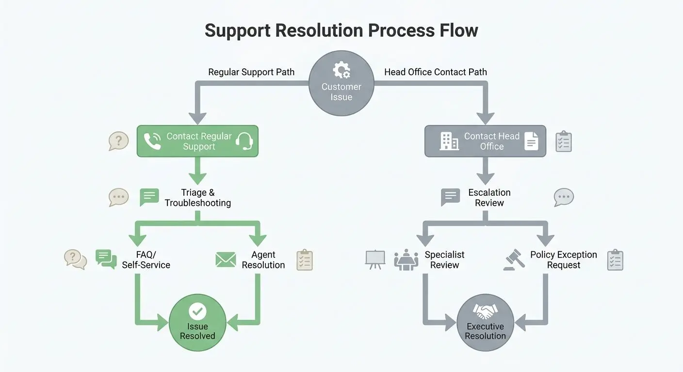 Decision tree showing when to use regular support or head office contact