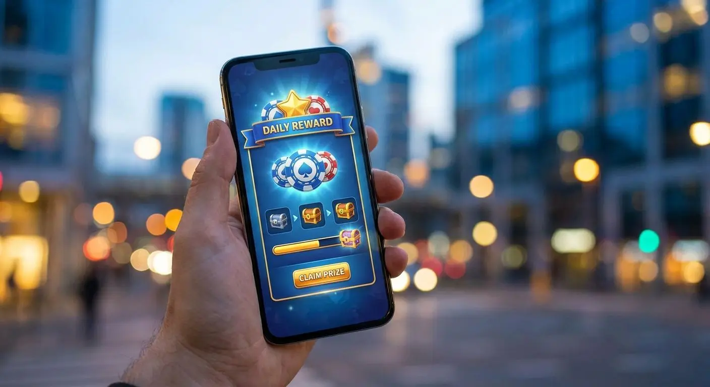Mobile phone showing a daily free game with chips and reward icons