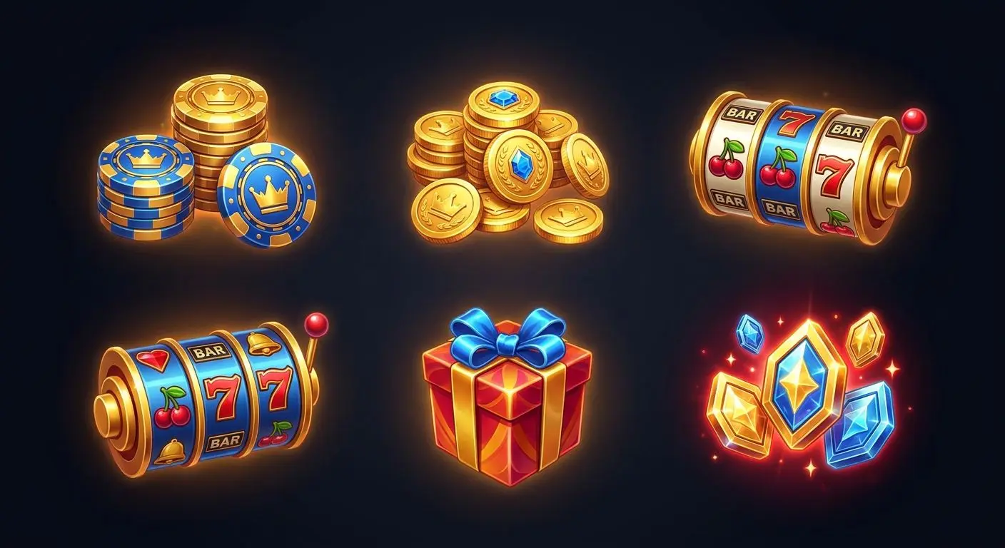 Reward icons showing chips, coins, spins and bonus prizes