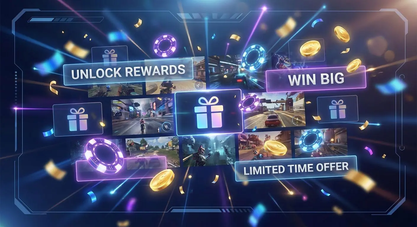 Promotional collage with game screens, gifts and daily reward visuals
