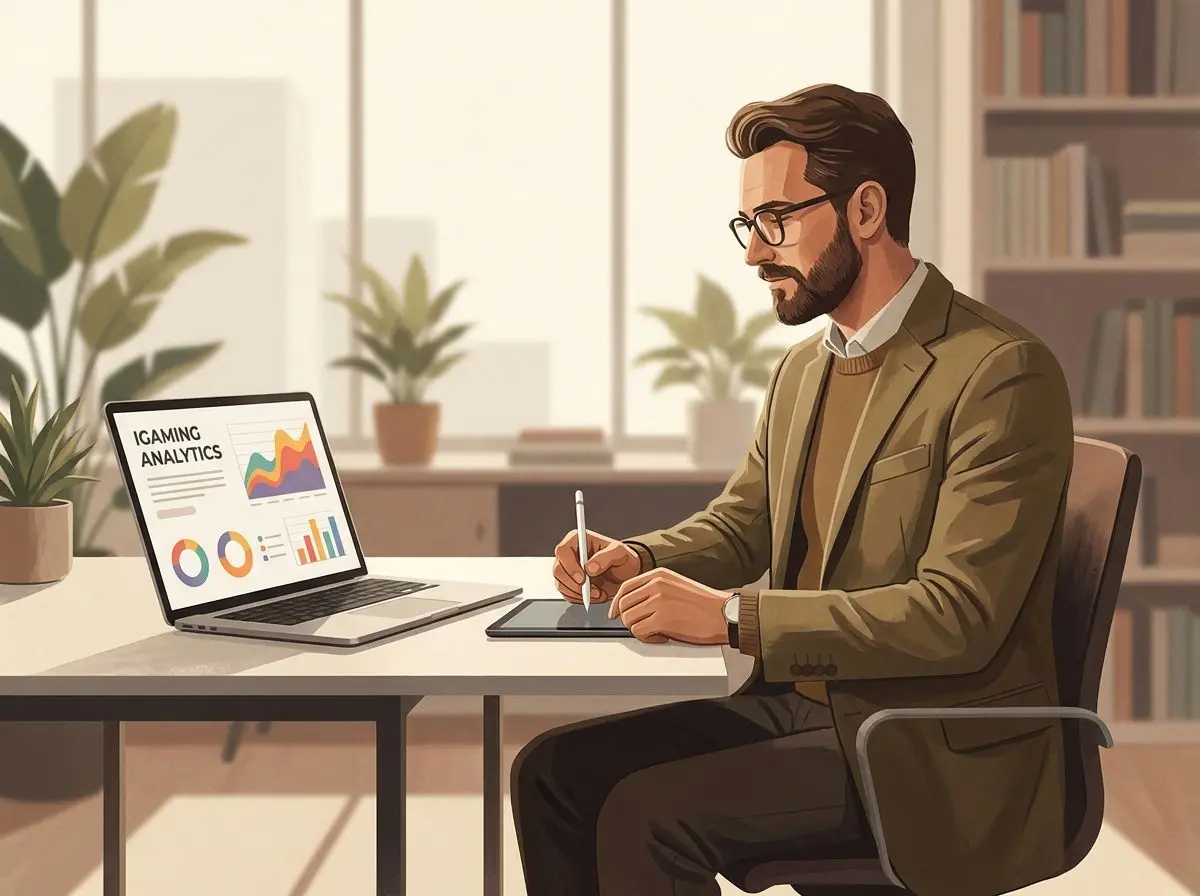 Illustration of a fictional iGaming analyst in a workspace