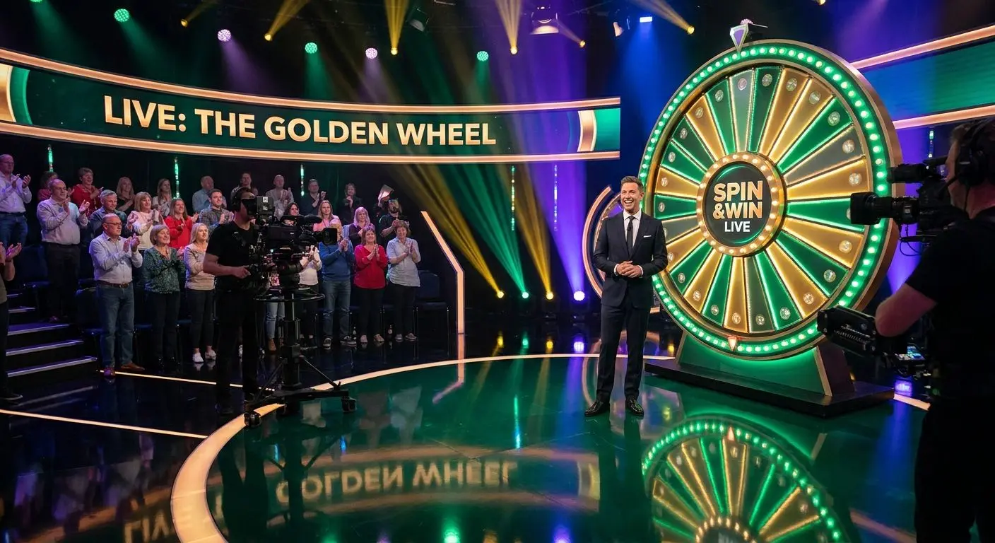 Live studio show with presenter and large illuminated wheel