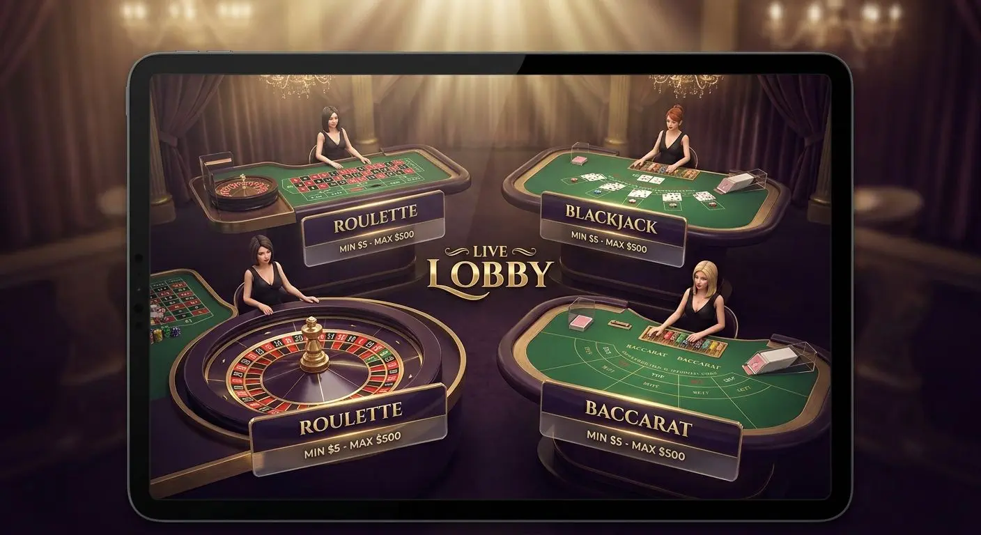 Overview of a live lobby with roulette, blackjack and baccarat tables