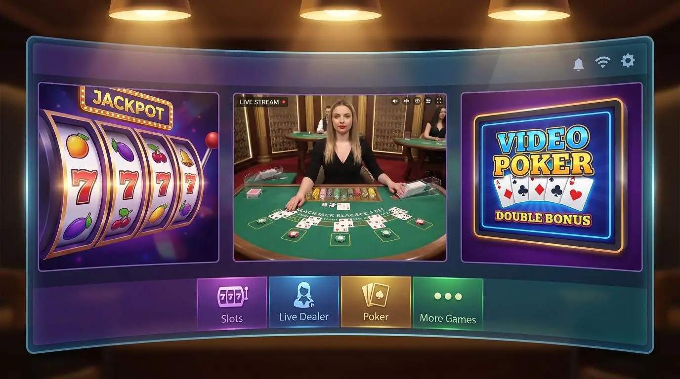 Collage of game categories including video poker and live tables