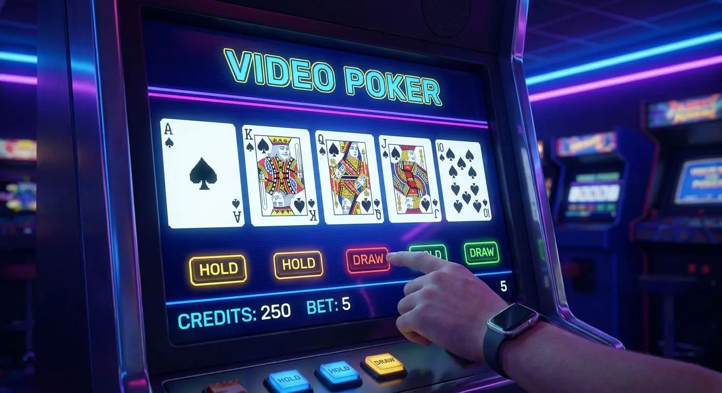 Classic video poker screen with five cards and hold draw controls