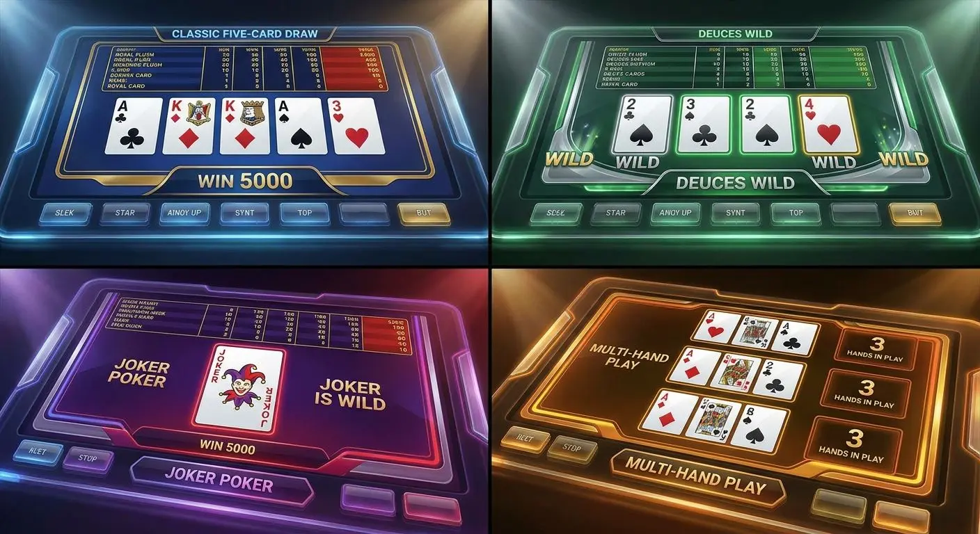 Collage of classic, joker and multi-hand video poker screens