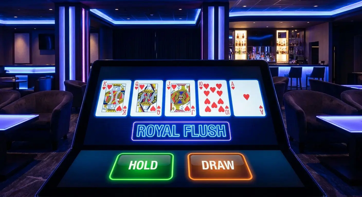 Video poker screen showing cards with Hold and Draw buttons