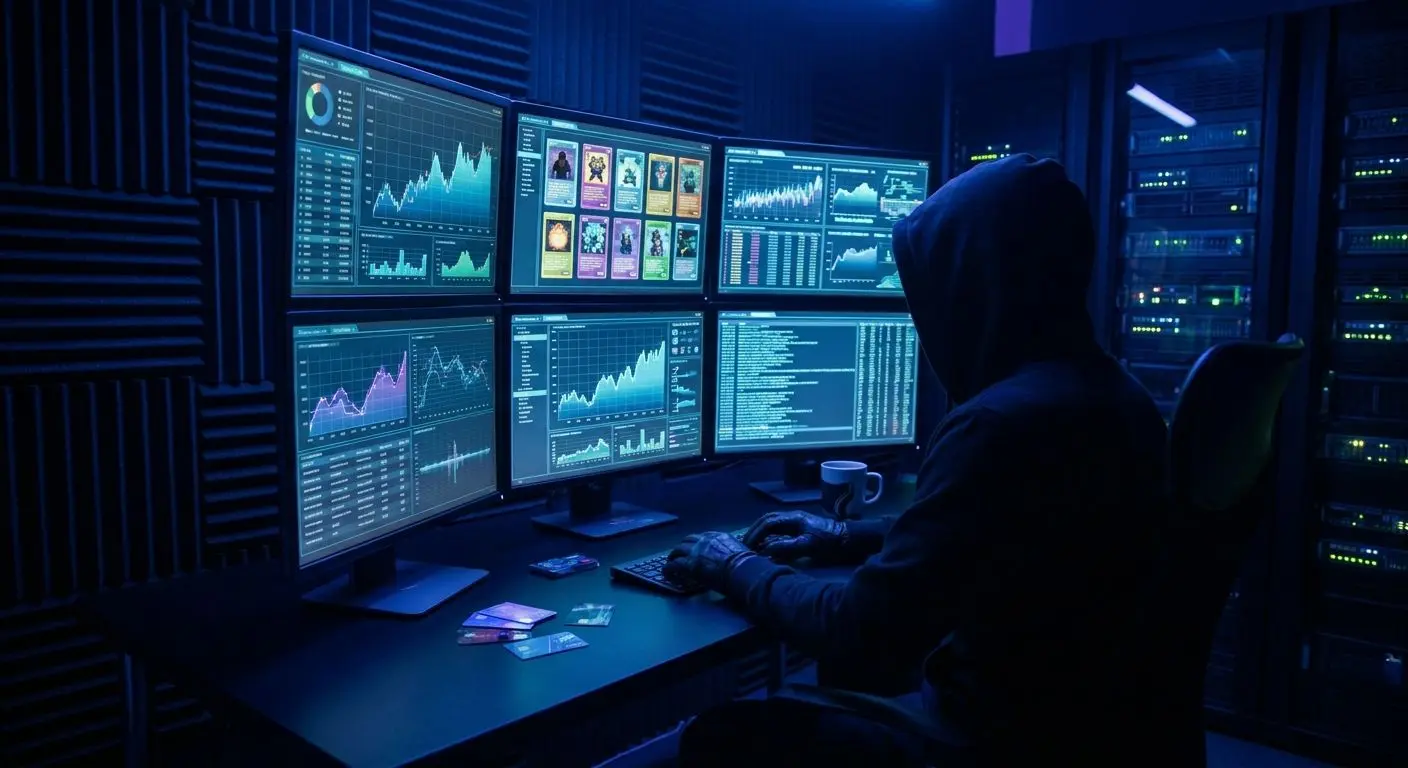 Anonymous analyst reviewing video poker data on screens