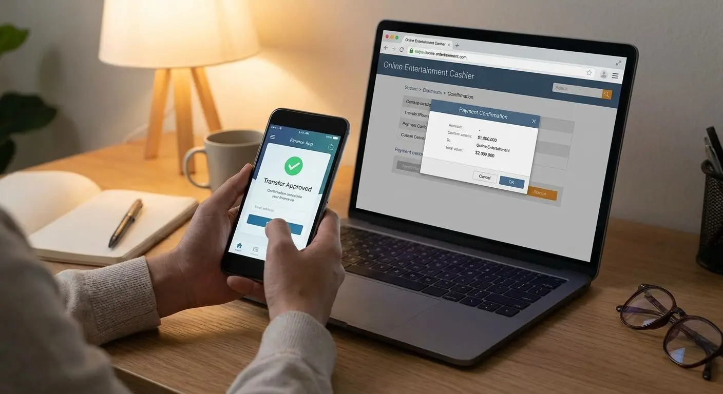 User confirming an online bank transfer next to a cashier screen