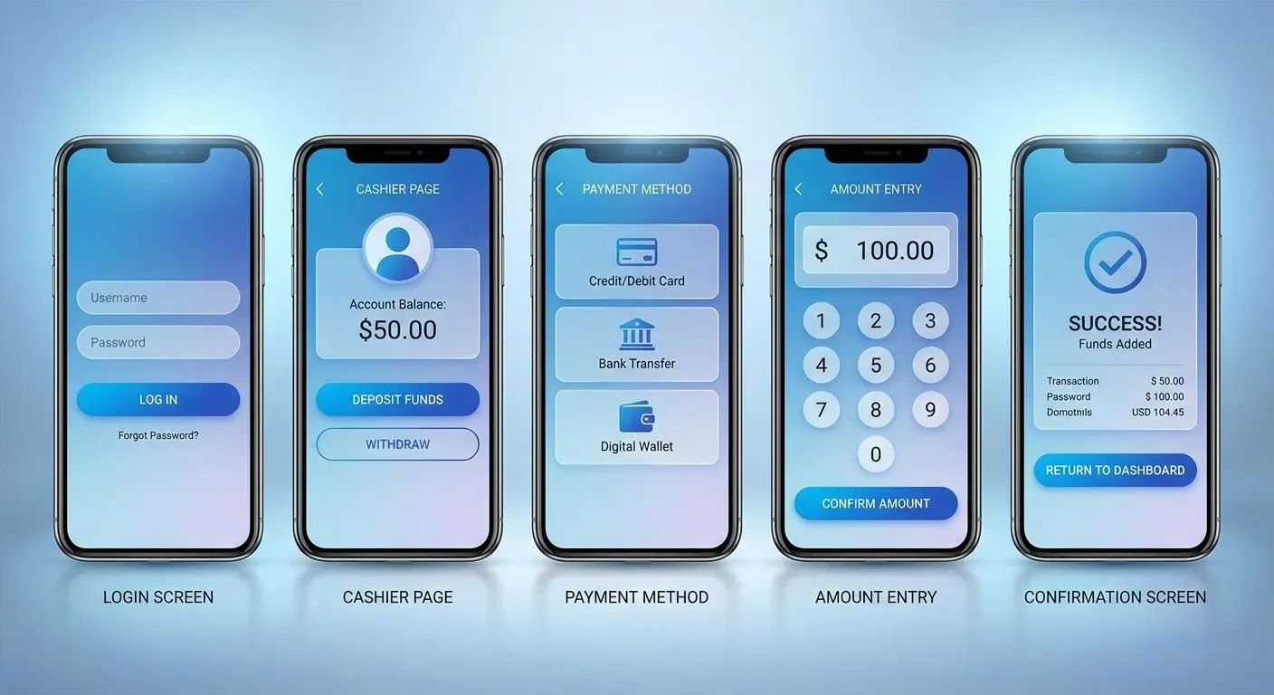 Step by step account deposit interface screens