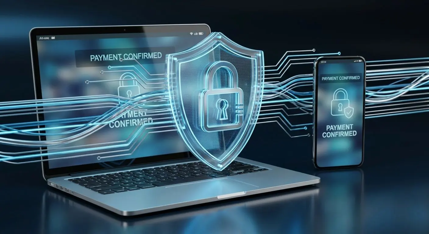 Shield and padlock over secure online payment screens