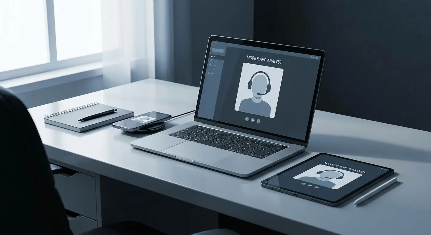 Editorial workspace representing a mobile app analyst and author profile