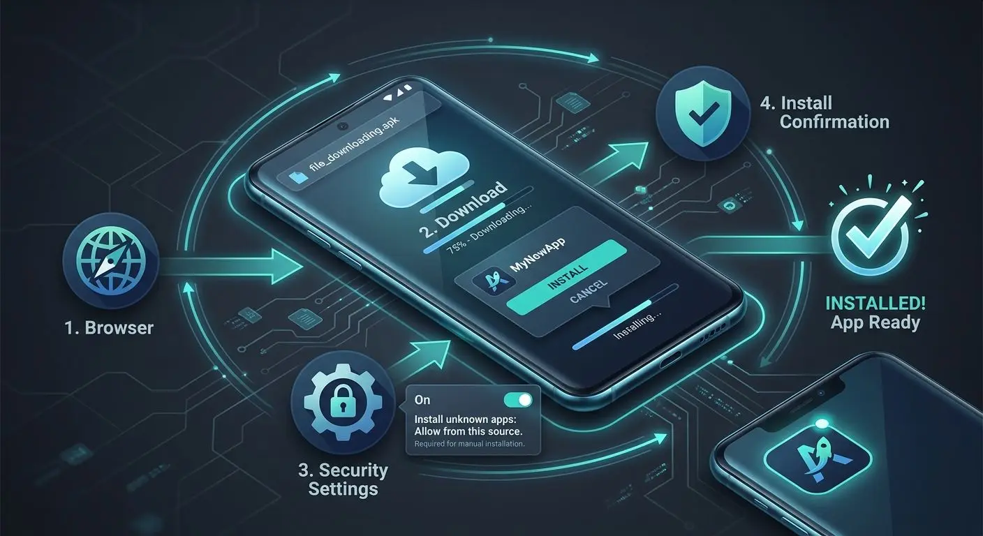 Android APK installation steps shown on smartphone screens