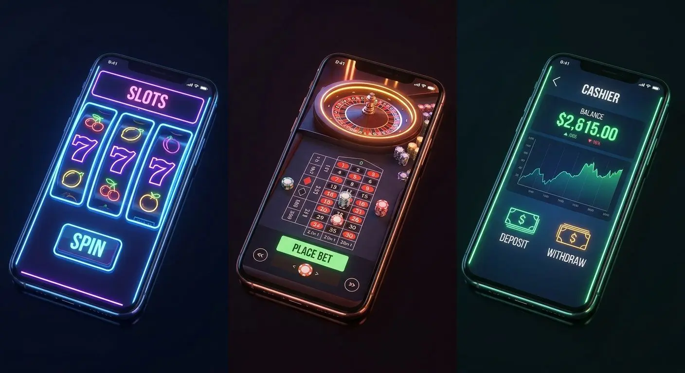 Mobile app screens showing games, live tables and cashier