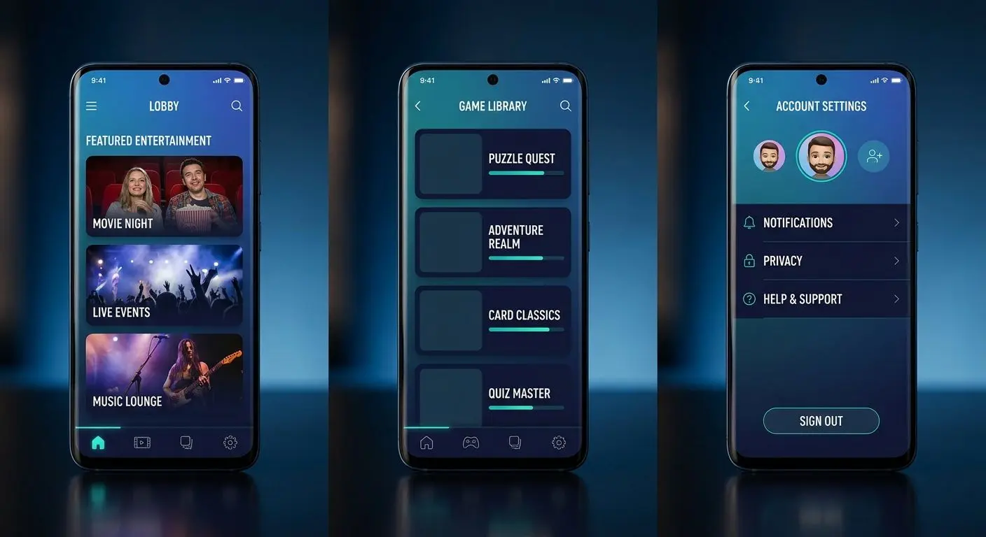 Three generic PlayOJO-style app screens showing lobby, game list and account area
