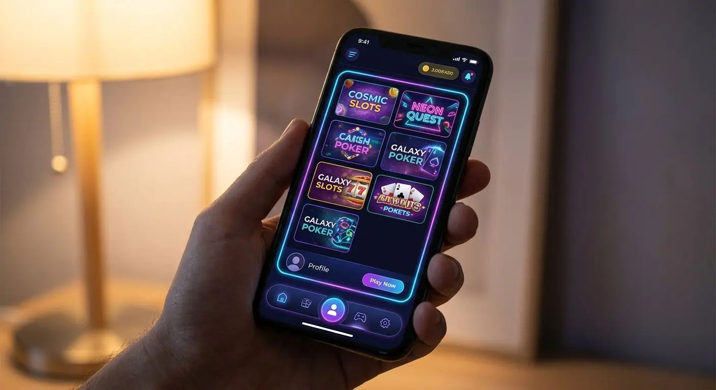 Mobile app lobby on a smartphone screen with colourful game tiles