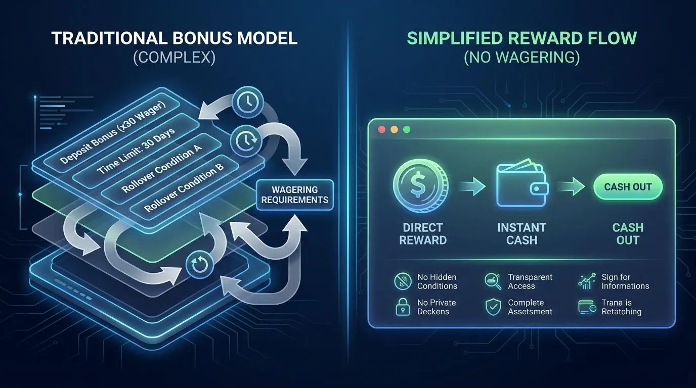 Comparison of traditional bonus rollover versus no wagering style rewards