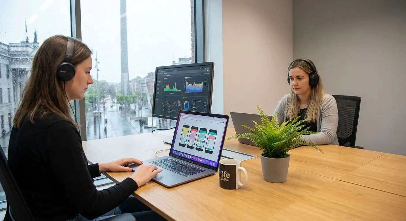 Fictional analyst reviewing mobile platform content on a laptop