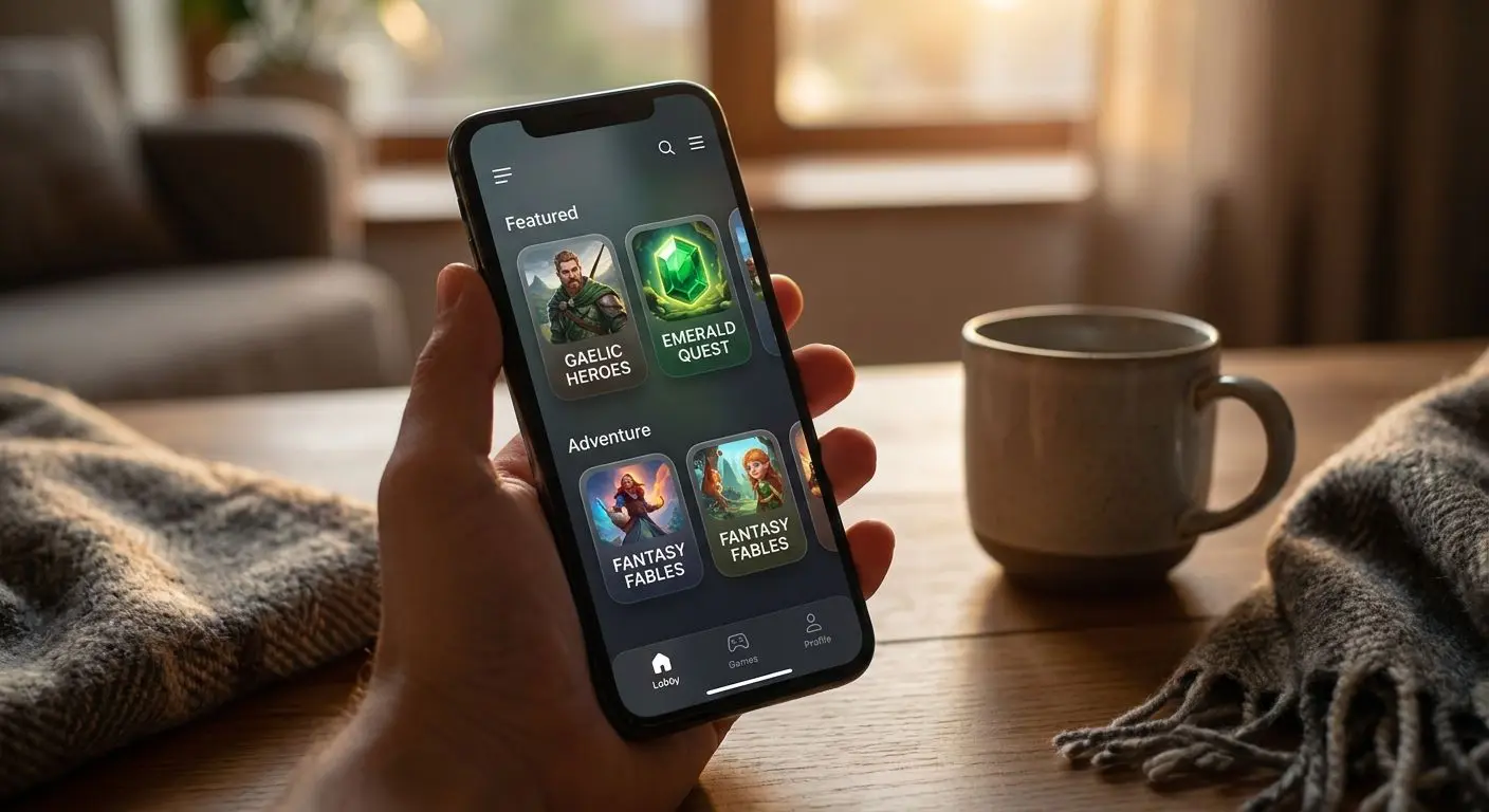 Smartphone showing a clean mobile lobby with game categories
