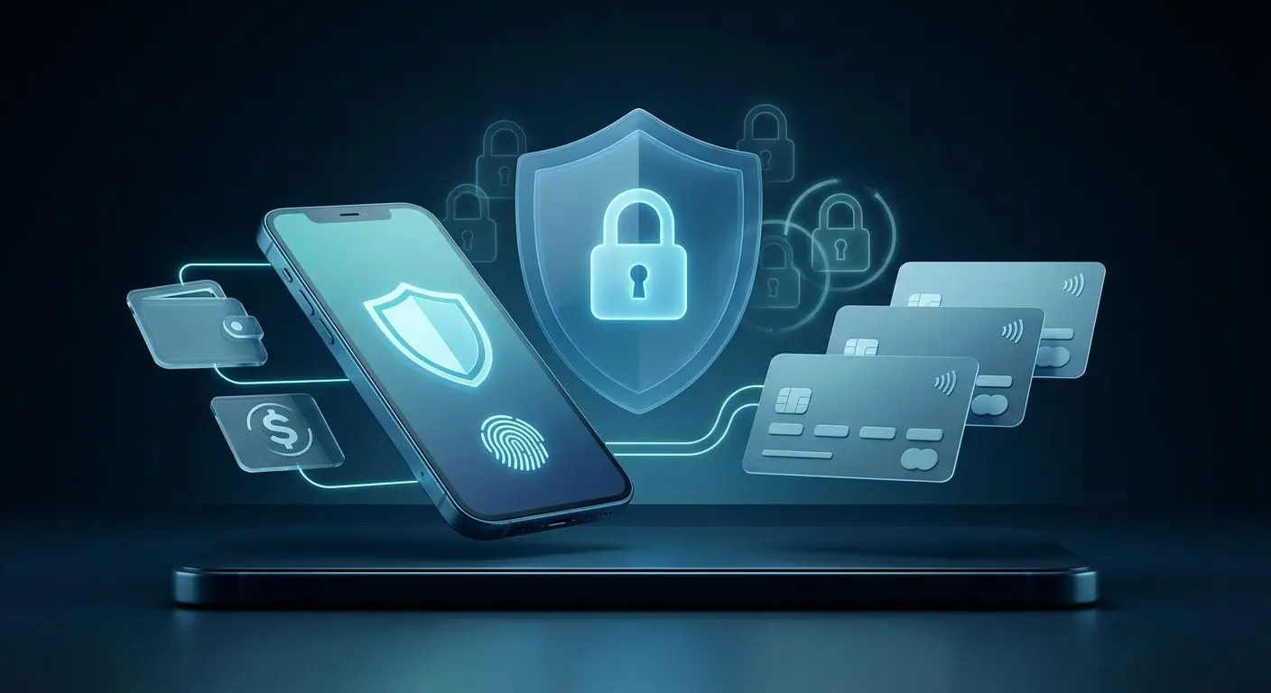 Secure mobile payments on a smartphone with cards and wallet symbols