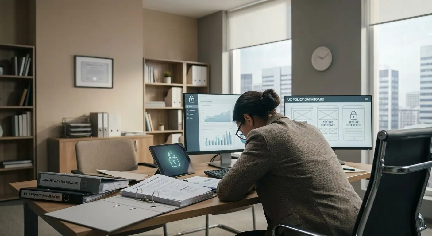 Illustration of a privacy and UX policy analyst reviewing digital information