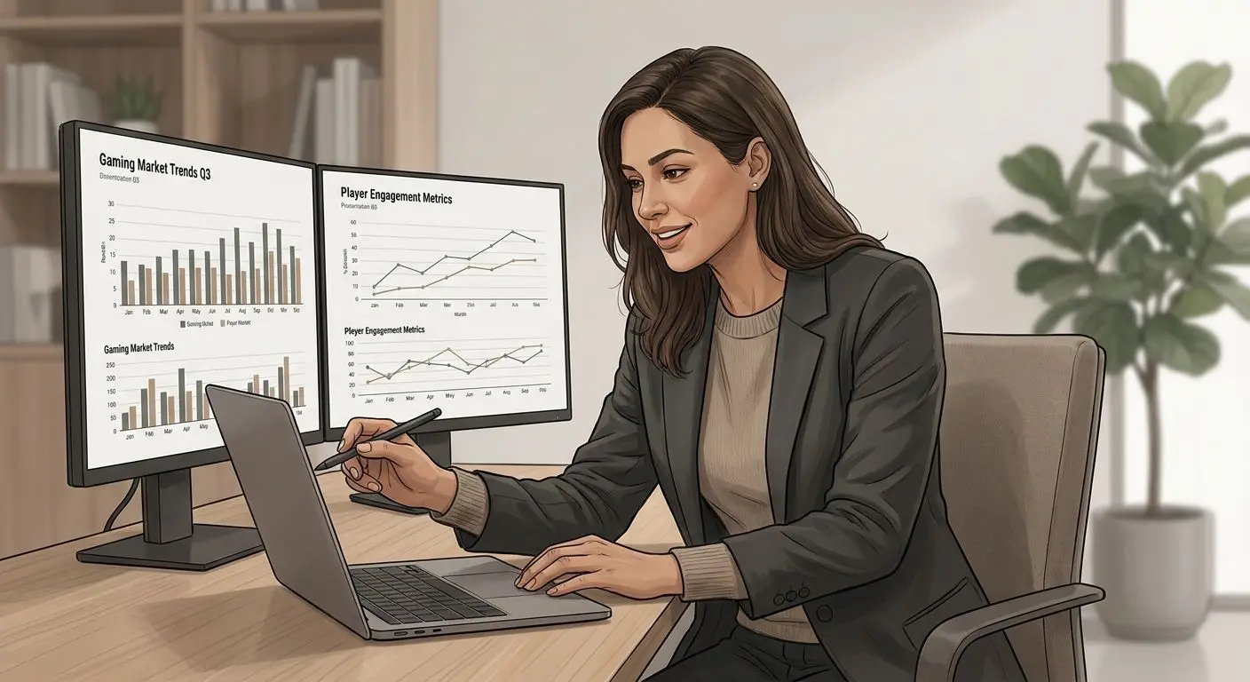 Illustration of a fictional gaming analyst reviewing jackpot game data
