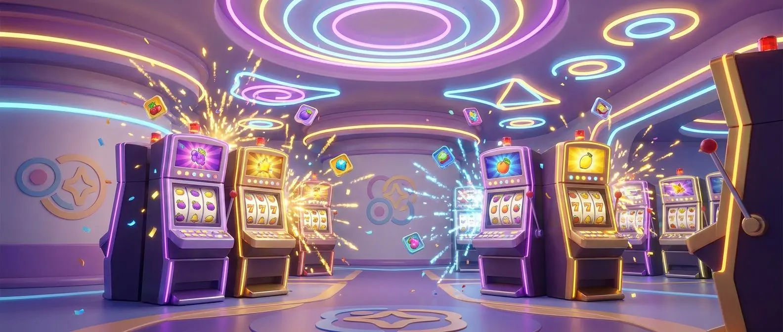 Jackpot-themed game lobby with glowing machines and celebratory lights