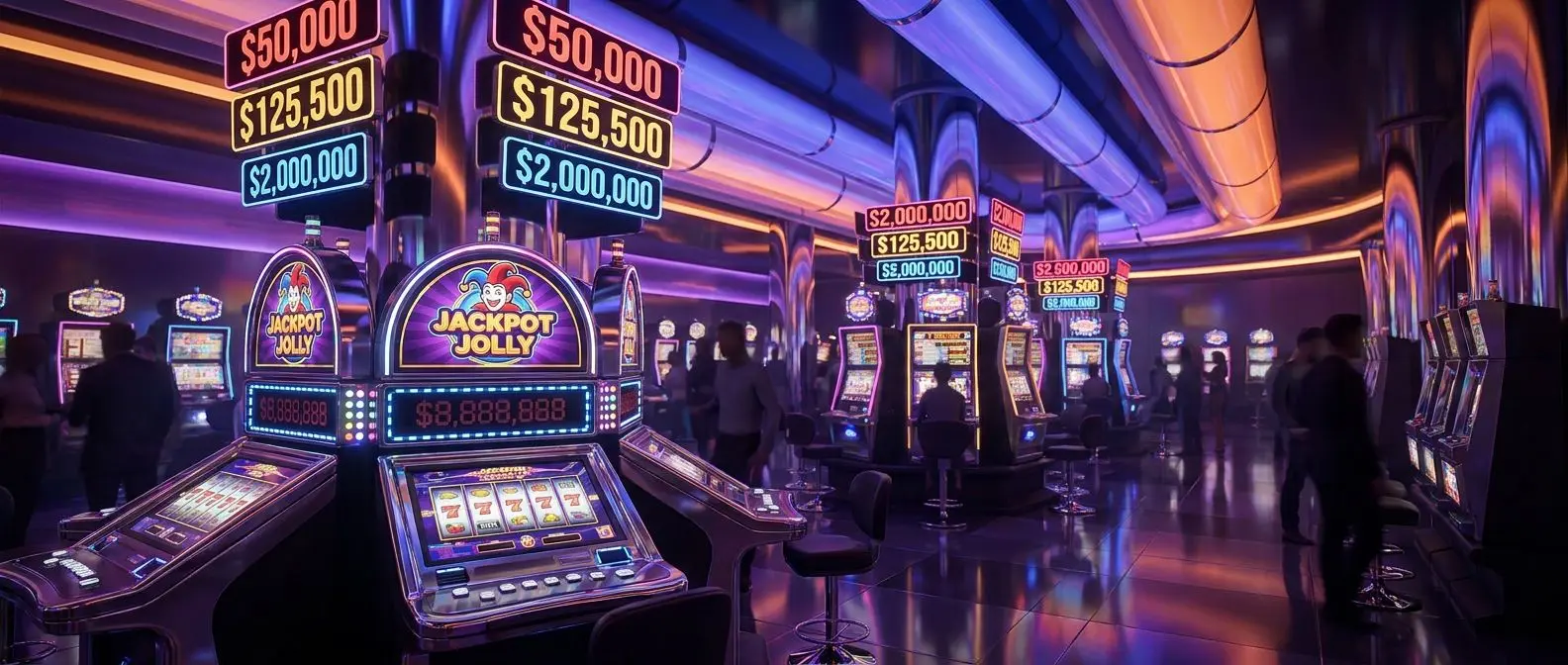 Panorama of jackpot slot machines with rising prize displays and Jackpot Jolly branding