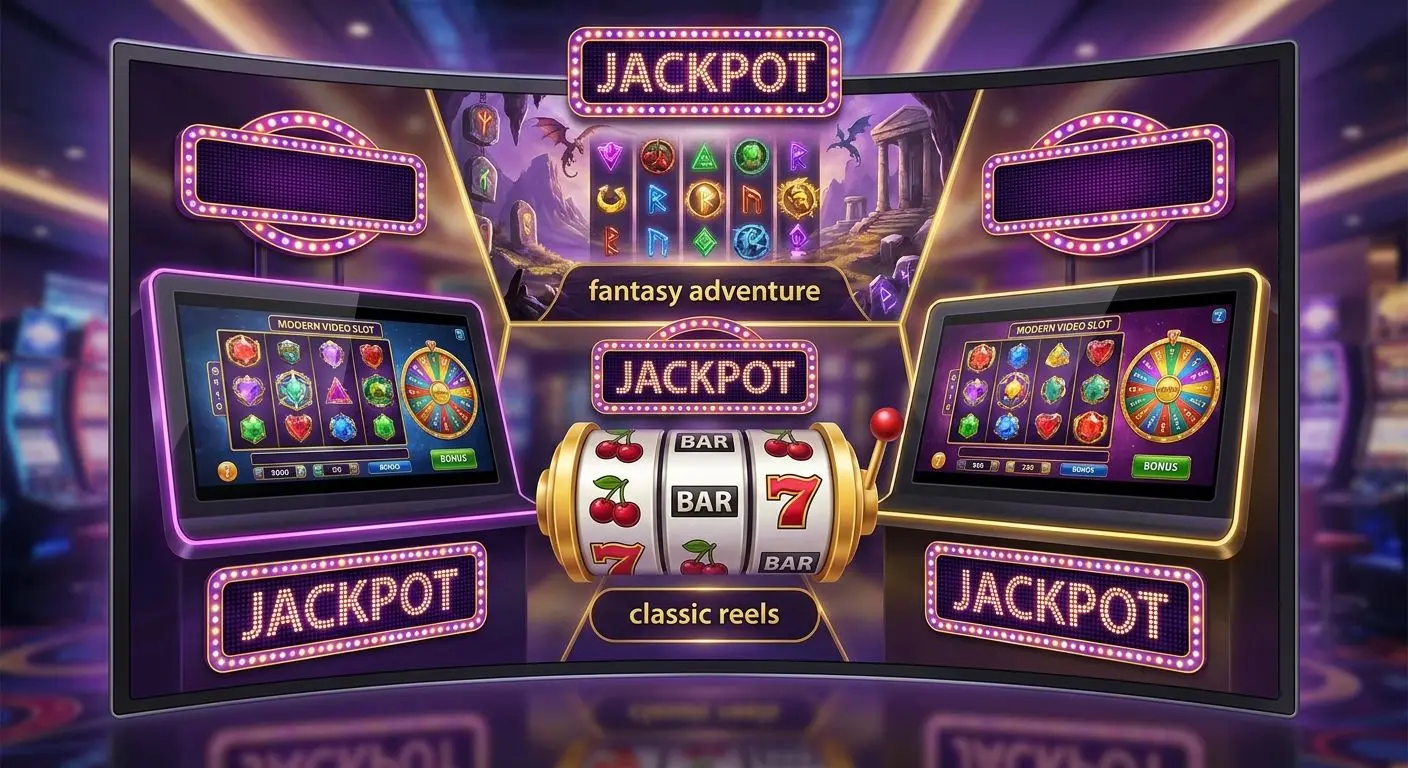 Collage of classic, modern and themed jackpot slot styles