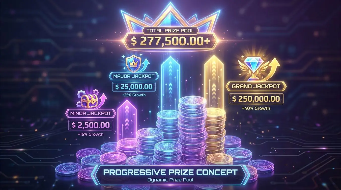 Illustration of a growing progressive jackpot and different jackpot types