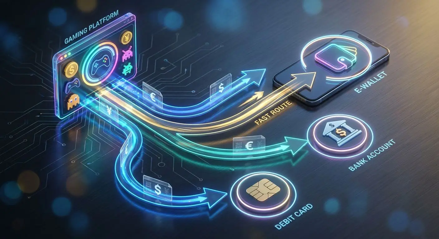 Flow diagram of fast withdrawal routes to wallet, bank and card