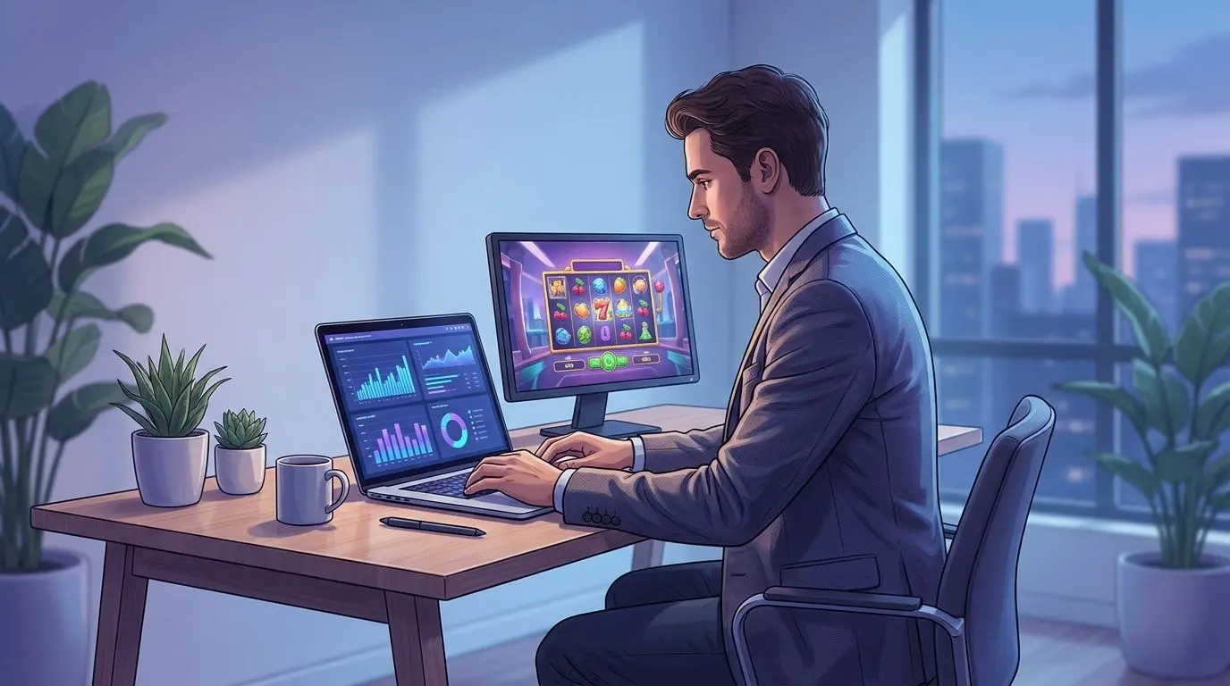 Illustration of a fictional gaming content analyst reviewing slot data